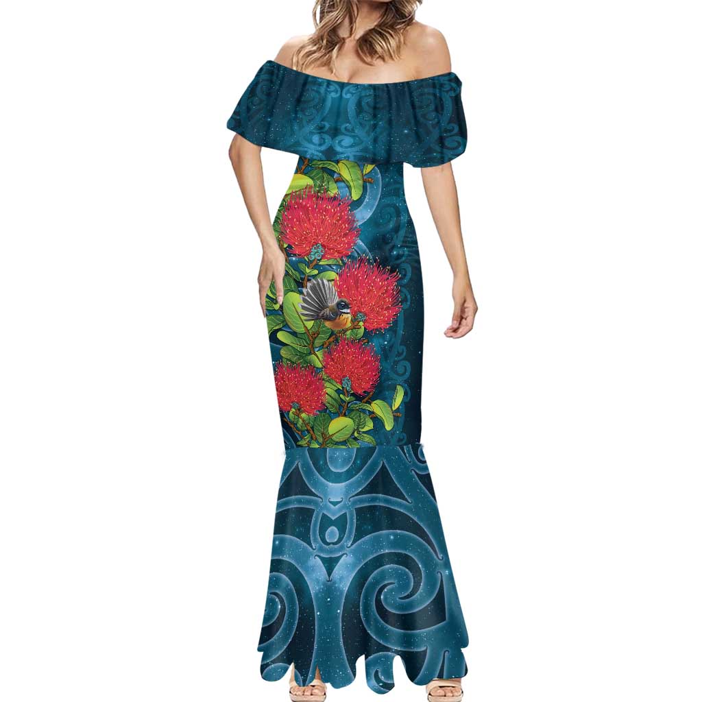 New Zealand Matariki Piwakawaka Mermaid Dress Maori Koru With Pohutukawa Flowers LT05 - Polynesian Pride