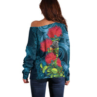 New Zealand Matariki Piwakawaka Off Shoulder Sweater Maori Koru With Pohutukawa Flowers