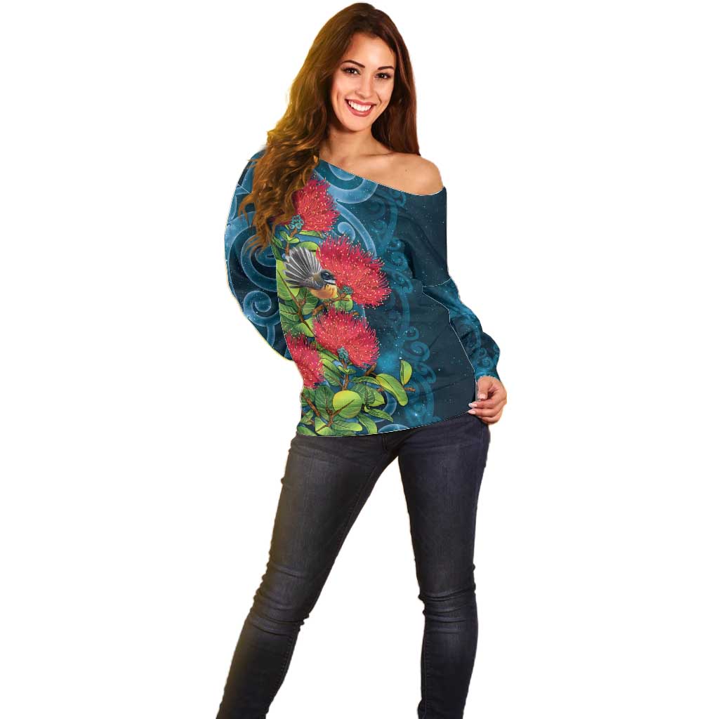 New Zealand Matariki Piwakawaka Off Shoulder Sweater Maori Koru With Pohutukawa Flowers