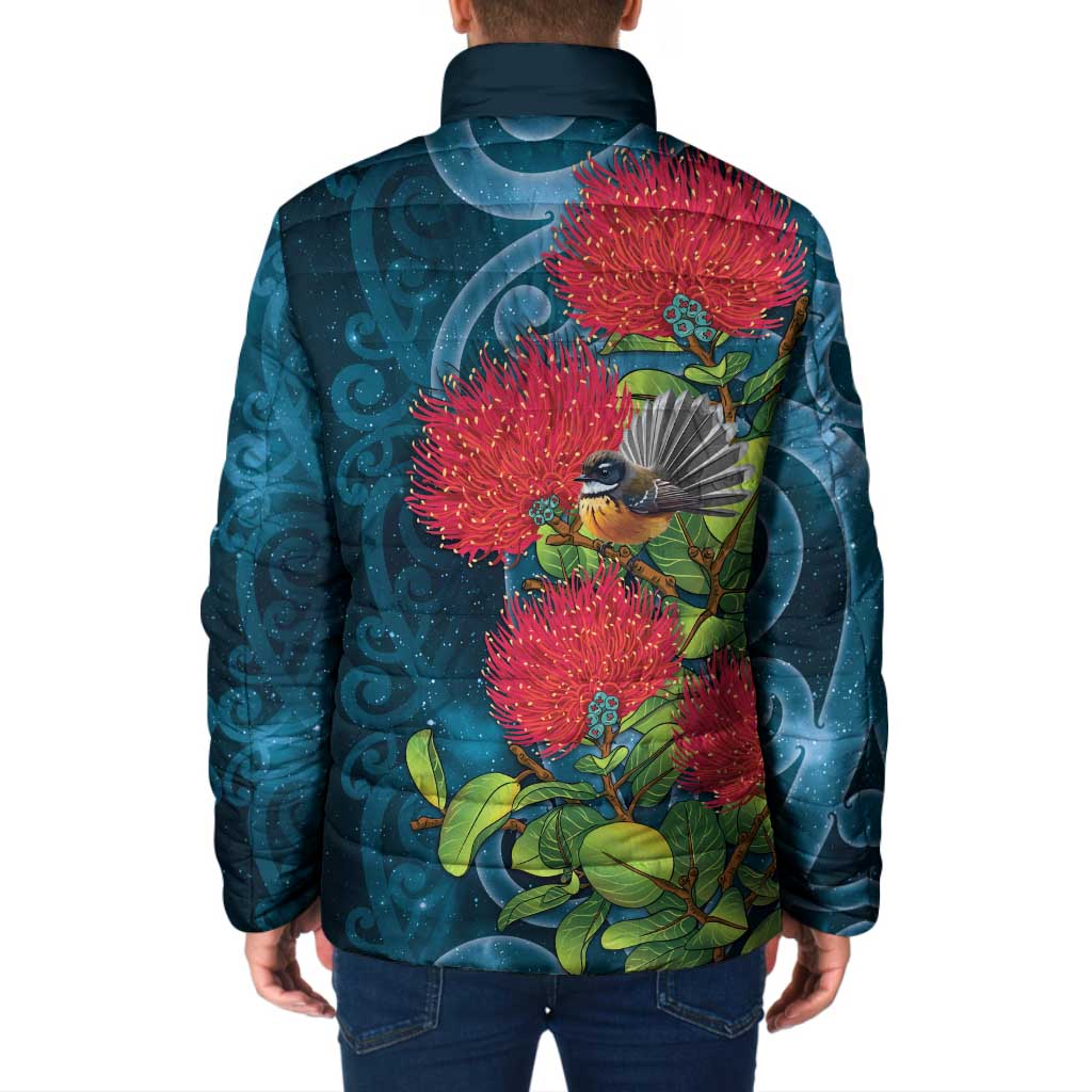 New Zealand Matariki Piwakawaka Padded Jacket Maori Koru With Pohutukawa Flowers