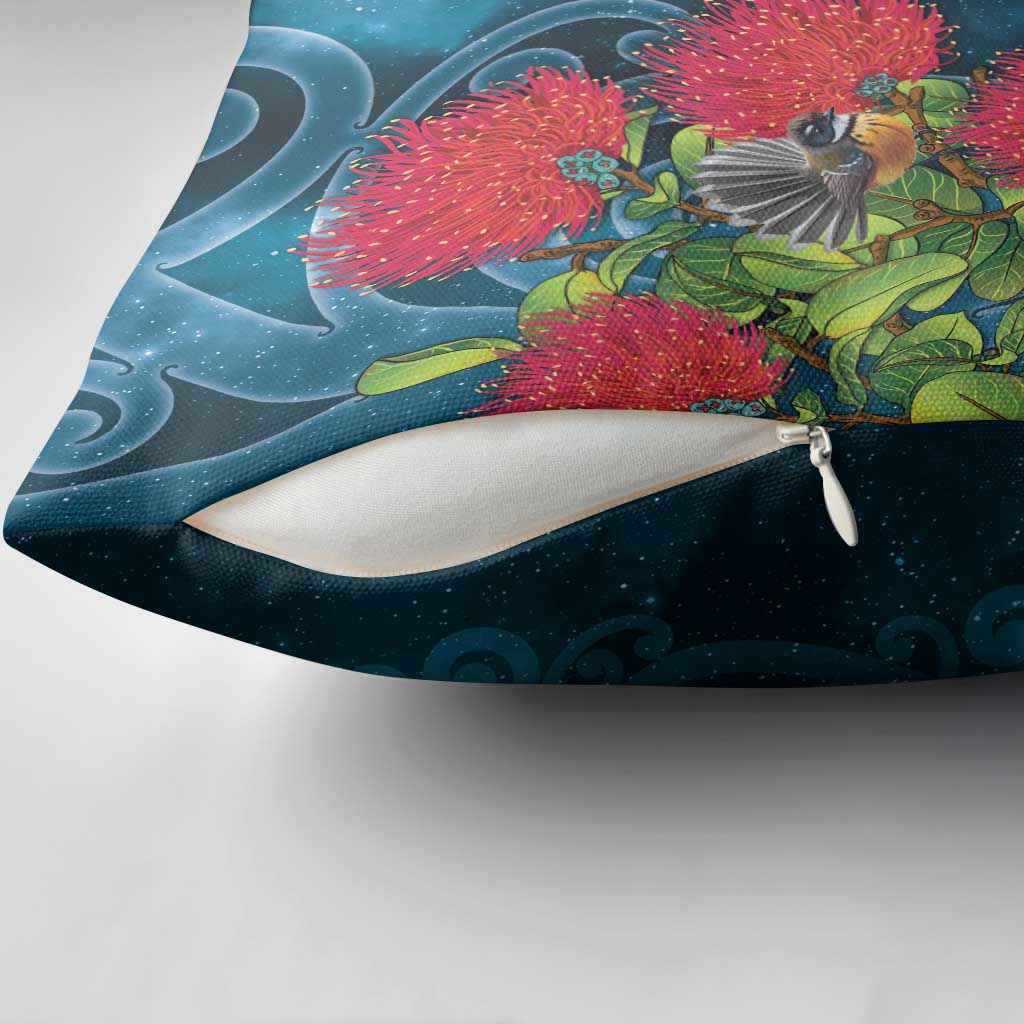 New Zealand Matariki Piwakawaka Pillow Cover Maori Koru With Pohutukawa Flowers