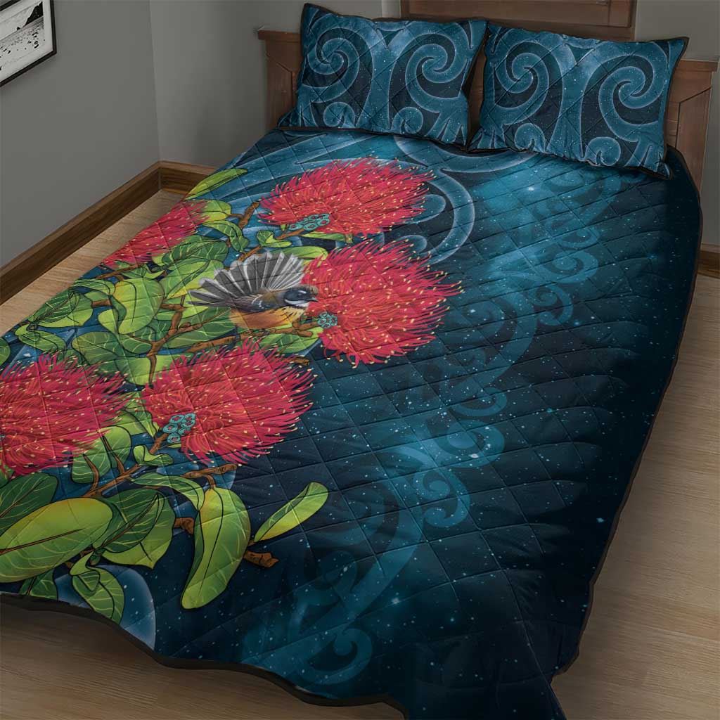 New Zealand Matariki Piwakawaka Quilt Bed Set Maori Koru With Pohutukawa Flowers
