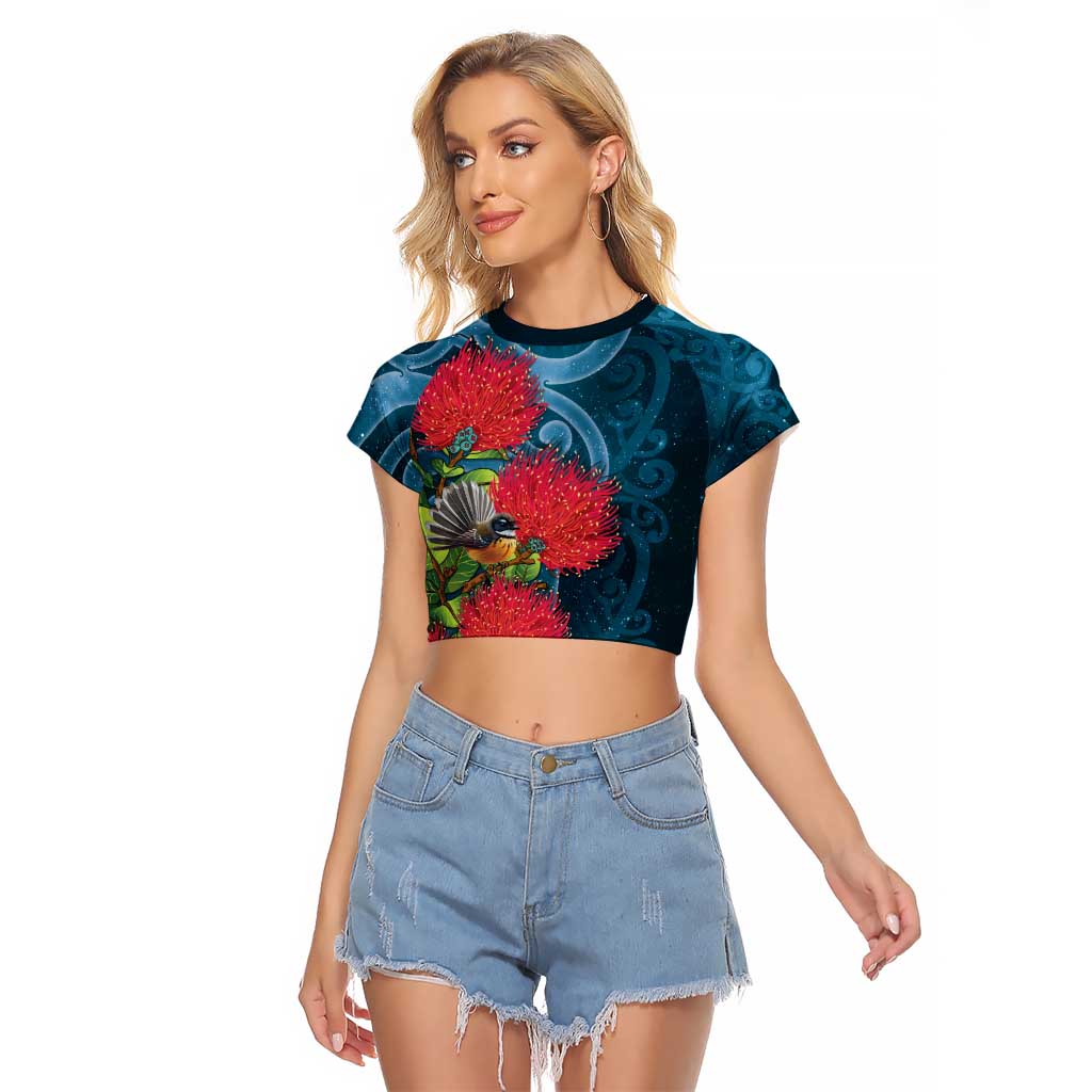 New Zealand Matariki Piwakawaka Raglan Cropped T Shirt Maori Koru With Pohutukawa Flowers