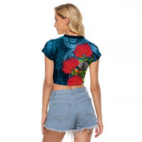 New Zealand Matariki Piwakawaka Raglan Cropped T Shirt Maori Koru With Pohutukawa Flowers LT05 - Polynesian Pride