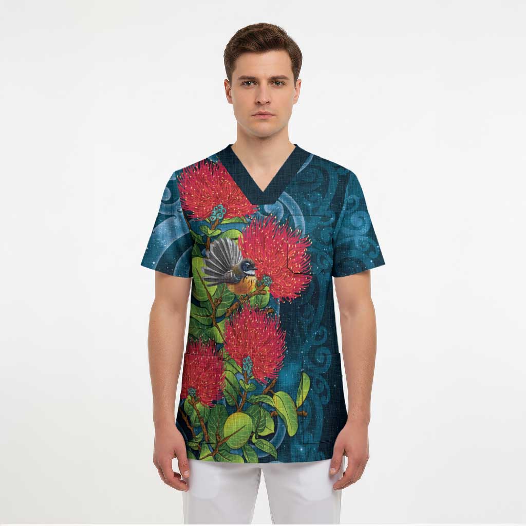 New Zealand Matariki Piwakawaka Scrub Top Maori Koru With Pohutukawa Flowers