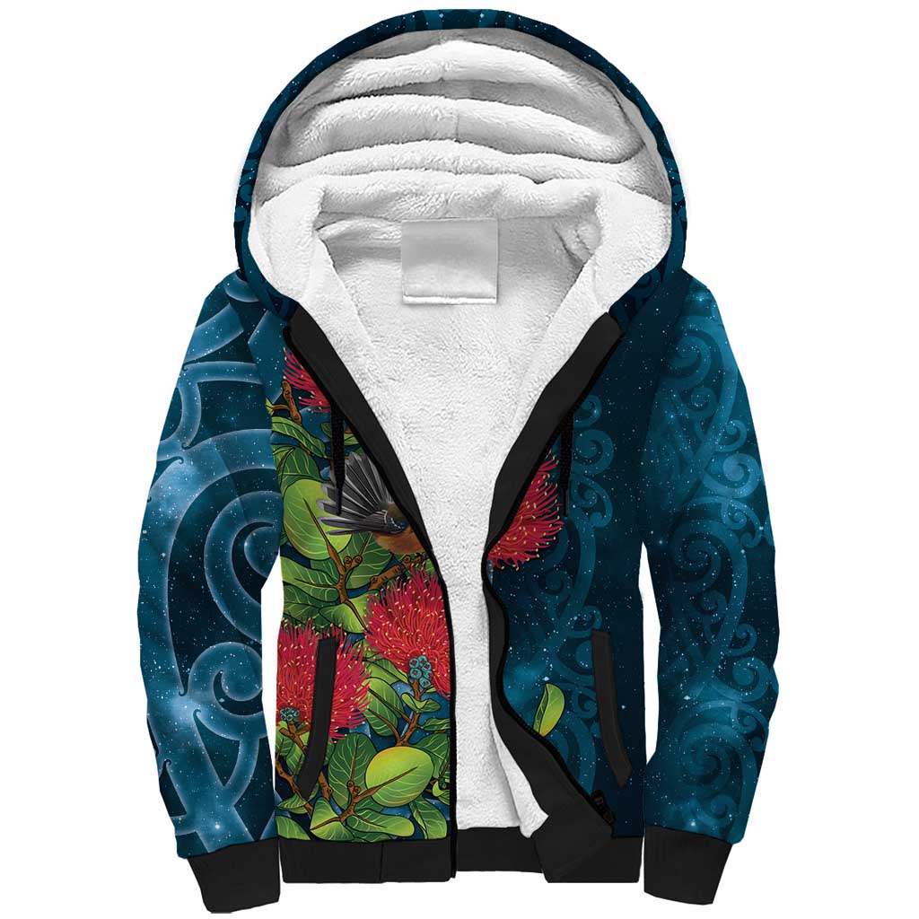 New Zealand Matariki Piwakawaka Sherpa Hoodie Maori Koru With Pohutukawa Flowers LT05 Unisex Dark Teal - Polynesian Pride