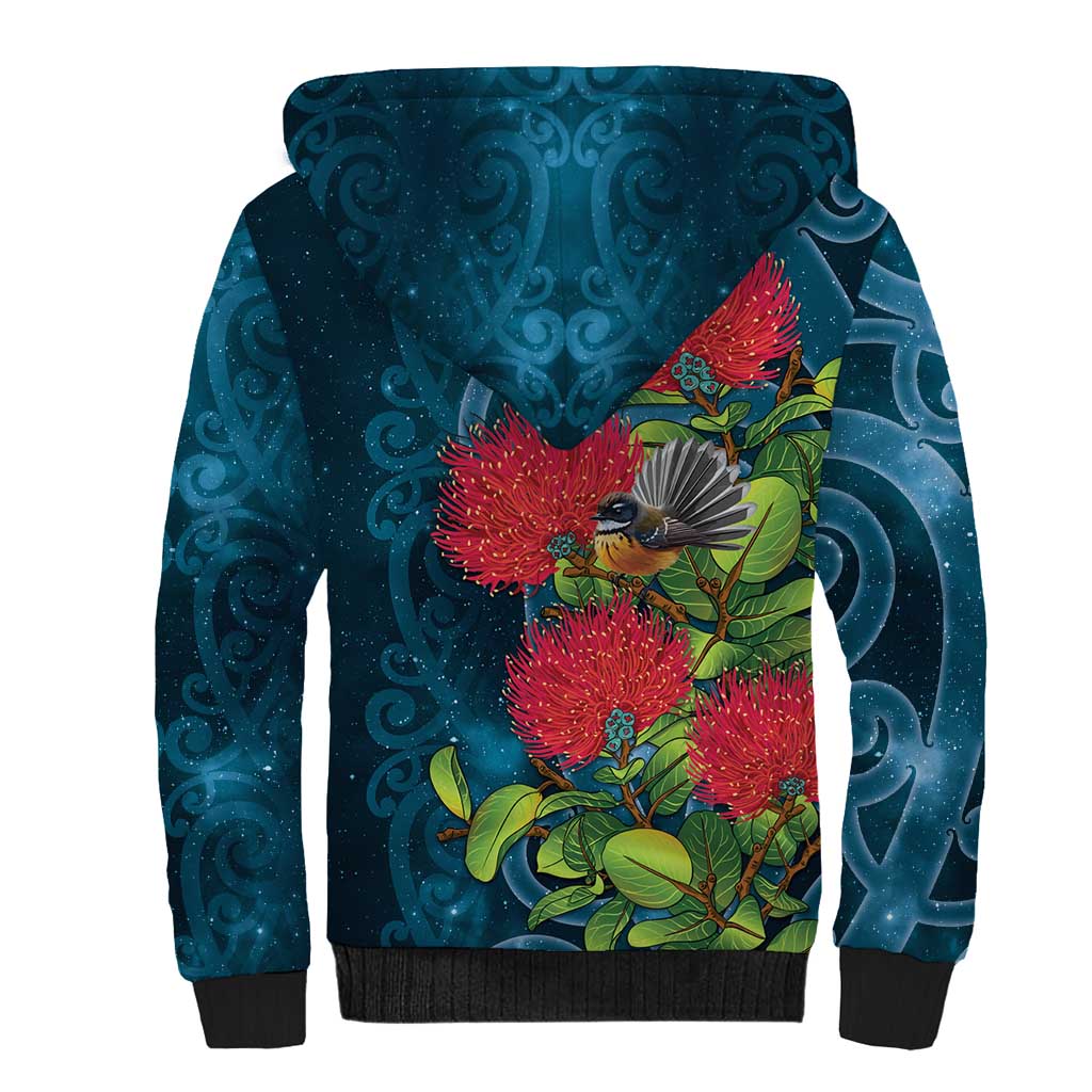 New Zealand Matariki Piwakawaka Sherpa Hoodie Maori Koru With Pohutukawa Flowers LT05 - Polynesian Pride