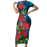 New Zealand Matariki Piwakawaka Short Sleeve Bodycon Dress Maori Koru With Pohutukawa Flowers LT05 Long Dress Dark Teal - Polynesian Pride