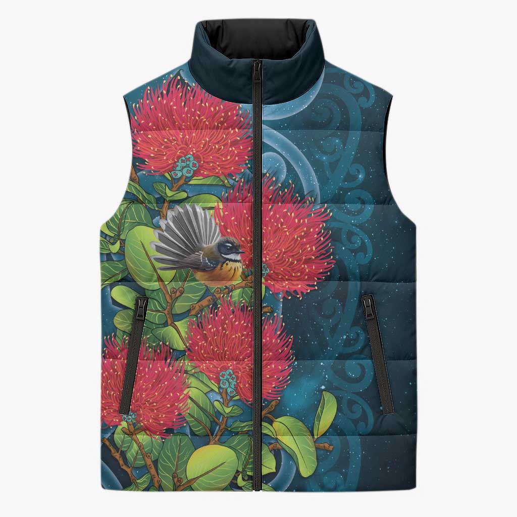 New Zealand Matariki Piwakawaka Sleeveless Puffer Jacket Maori Koru With Pohutukawa Flowers