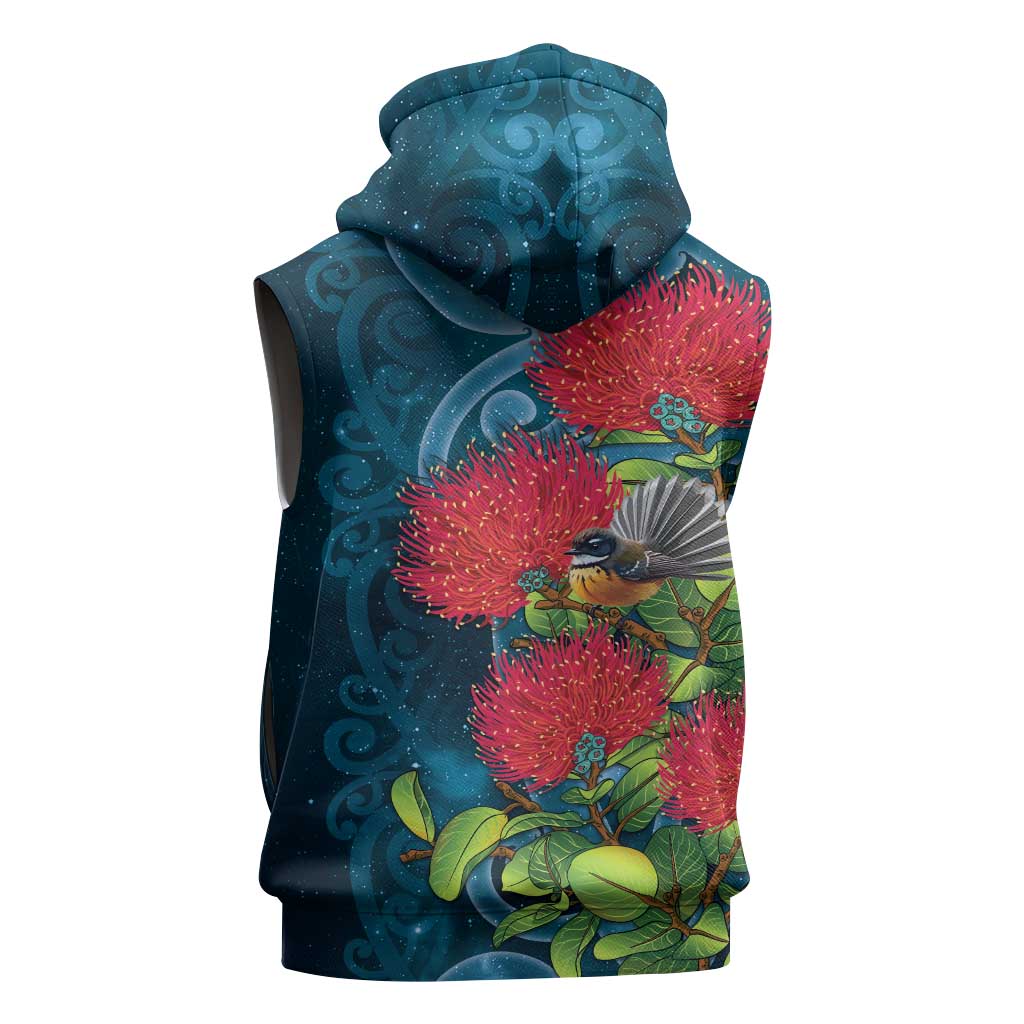 New Zealand Matariki Piwakawaka Sleeveless Zip Hoodie Maori Koru With Pohutukawa Flowers LT05 - Polynesian Pride