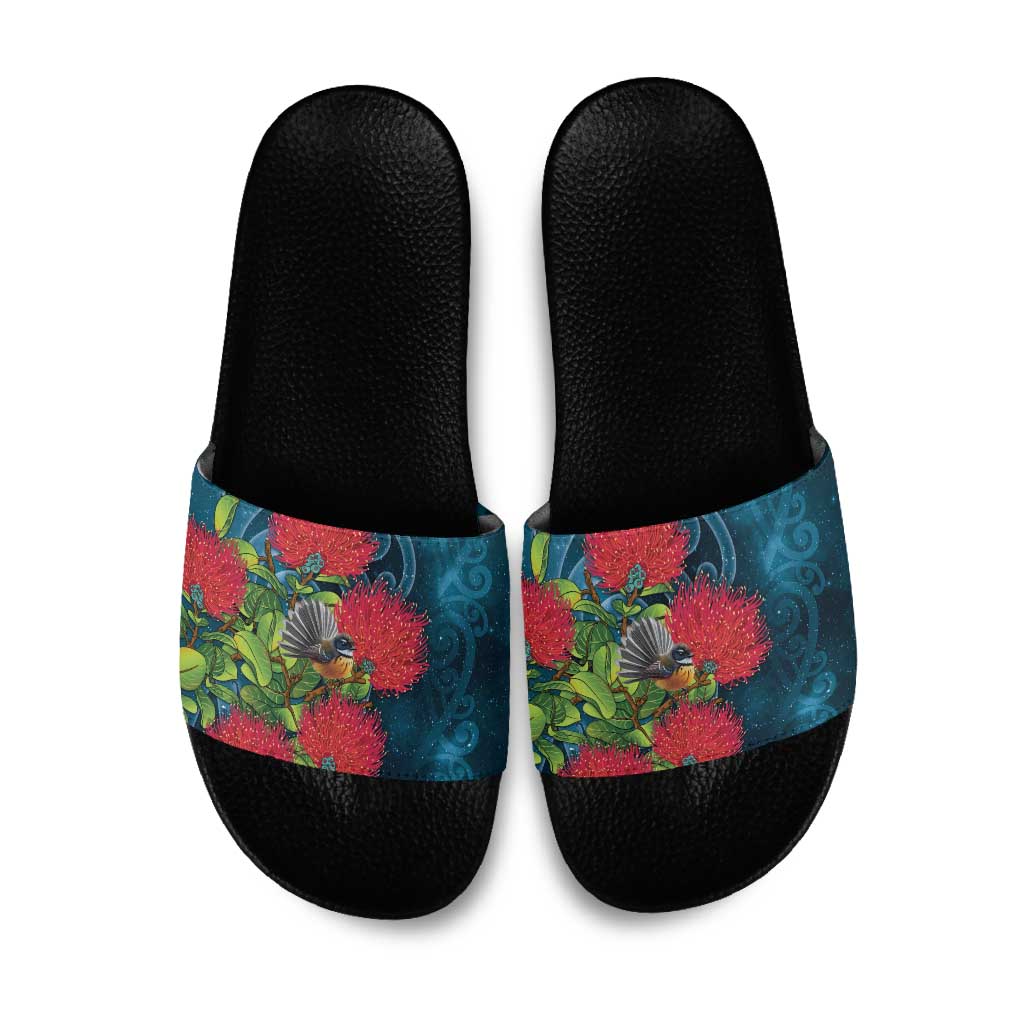 New Zealand Matariki Piwakawaka Slide Sandals Maori Koru With Pohutukawa Flowers