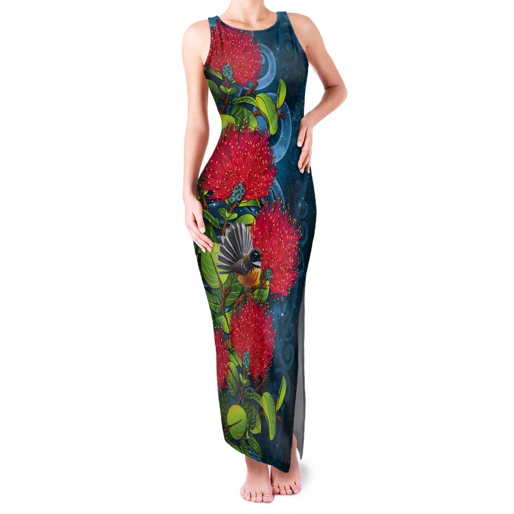 New Zealand Matariki Piwakawaka Tank Maxi Dress Maori Koru With Pohutukawa Flowers