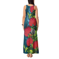 New Zealand Matariki Piwakawaka Tank Maxi Dress Maori Koru With Pohutukawa Flowers