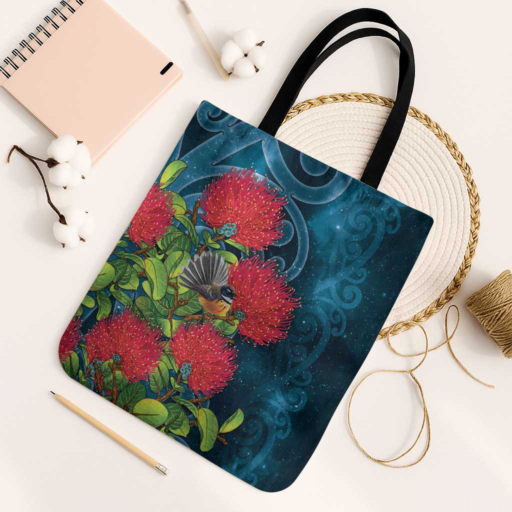 New Zealand Matariki Piwakawaka Tote Bag Maori Koru With Pohutukawa Flowers LT05 Black Strap One Size Dark Teal - Polynesian Pride