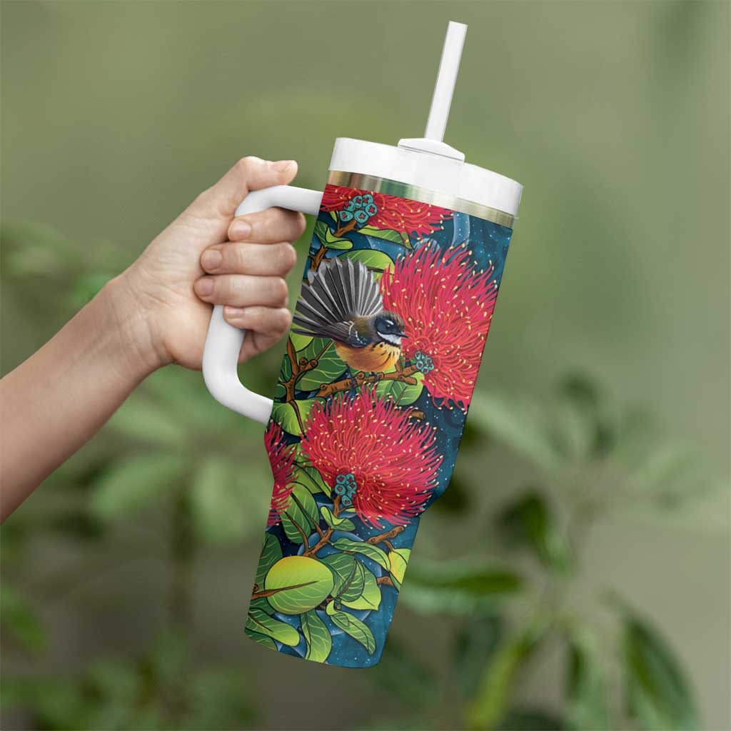 New Zealand Matariki Piwakawaka Tumbler With Handle Maori Koru With Pohutukawa Flowers LT05 - Polynesian Pride