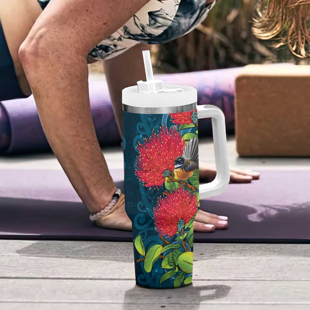 New Zealand Matariki Piwakawaka Tumbler With Handle Maori Koru With Pohutukawa Flowers LT05 - Polynesian Pride