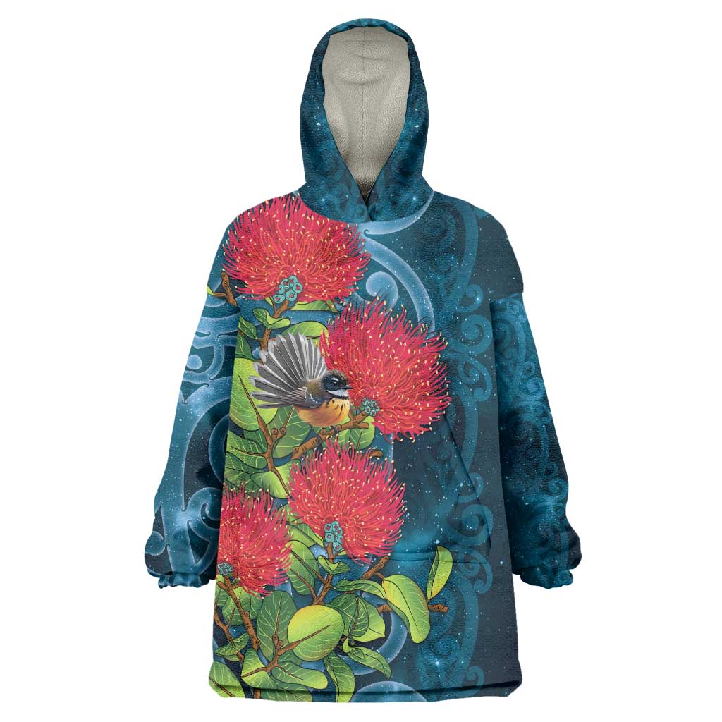 New Zealand Matariki Piwakawaka Wearable Blanket Hoodie Maori Koru With Pohutukawa Flowers LT05 One Size Dark Teal - Polynesian Pride