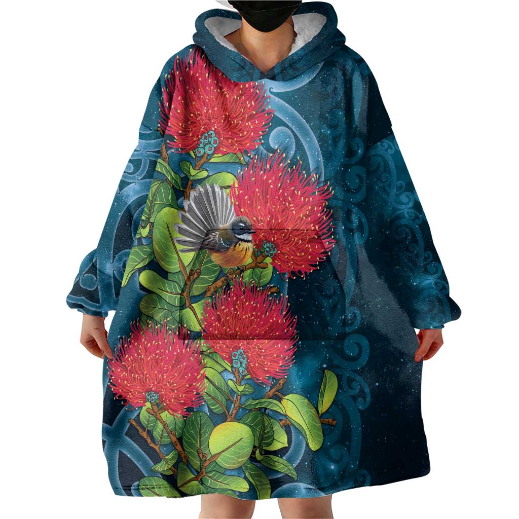 New Zealand Matariki Piwakawaka Wearable Blanket Hoodie Maori Koru With Pohutukawa Flowers LT05 - Polynesian Pride