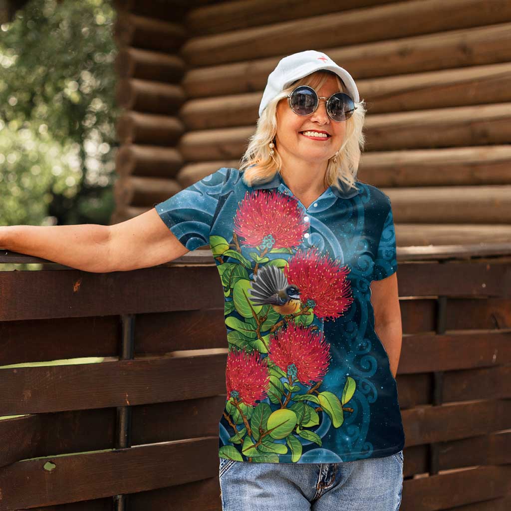 New Zealand Matariki Piwakawaka Women Polo Shirt Maori Koru With Pohutukawa Flowers LT05 - Polynesian Pride
