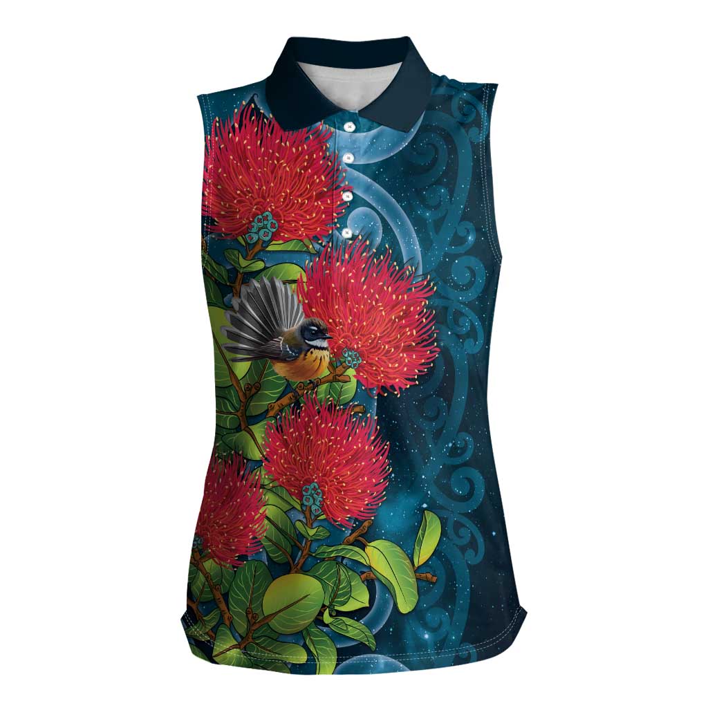 New Zealand Matariki Piwakawaka Women Sleeveless Polo Shirt Maori Koru With Pohutukawa Flowers LT05 Female Dark Teal - Polynesian Pride