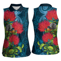 New Zealand Matariki Piwakawaka Women Sleeveless Polo Shirt Maori Koru With Pohutukawa Flowers LT05 - Polynesian Pride