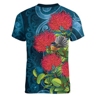 New Zealand Matariki Piwakawaka Women V-Neck T-Shirt Maori Koru With Pohutukawa Flowers LT05 - Polynesian Pride