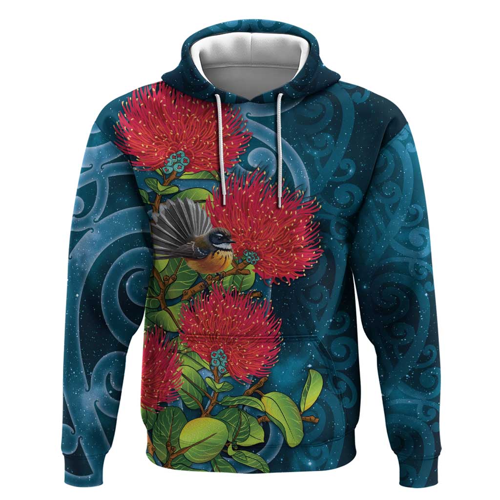 New Zealand Matariki Piwakawaka Zip Hoodie Maori Koru With Pohutukawa Flowers LT05 Pullover Hoodie Dark Teal - Polynesian Pride