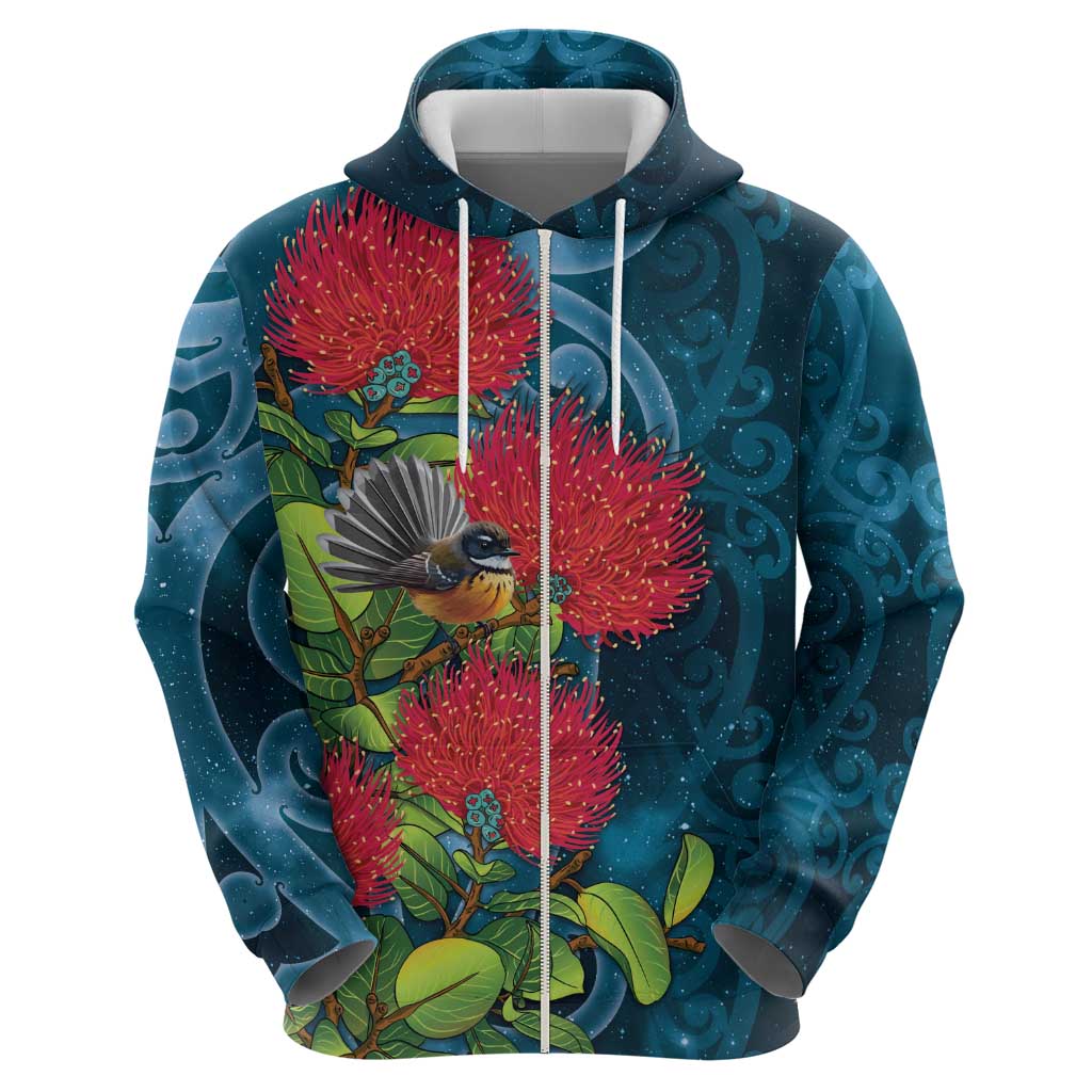 New Zealand Matariki Piwakawaka Zip Hoodie Maori Koru With Pohutukawa Flowers LT05 - Polynesian Pride
