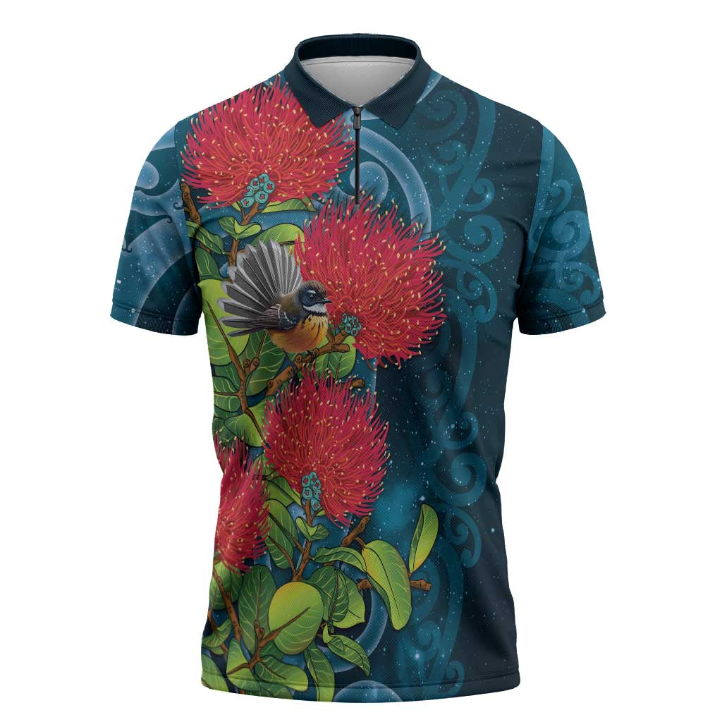 New Zealand Matariki Piwakawaka Zipper Polo Shirt Maori Koru With Pohutukawa Flowers