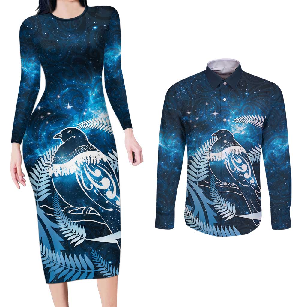 New Zealand Matariki Couples Matching Long Sleeve Bodycon Dress and Long Sleeve Button Shirt Pigeon Kereru Maori Fern Art LT05 Blue - Polynesian Pride