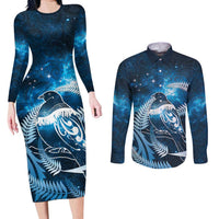 New Zealand Matariki Couples Matching Long Sleeve Bodycon Dress and Long Sleeve Button Shirt Pigeon Kereru Maori Fern Art LT05 Blue - Polynesian Pride