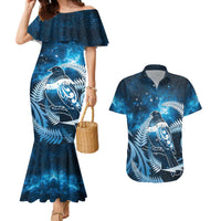 New Zealand Matariki Couples Matching Mermaid Dress and Hawaiian Shirt Pigeon Kereru Maori Fern Art LT05 Blue - Polynesian Pride