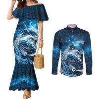 New Zealand Matariki Couples Matching Mermaid Dress and Long Sleeve Button Shirt Pigeon Kereru Maori Fern Art LT05 Blue - Polynesian Pride