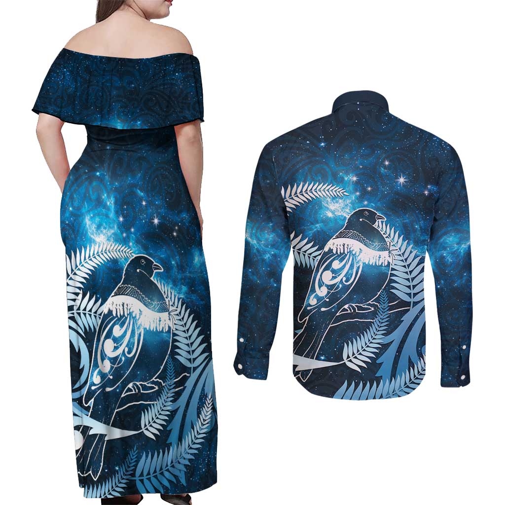 New Zealand Matariki Couples Matching Off Shoulder Maxi Dress and Long Sleeve Button Shirt Pigeon Kereru Maori Fern Art LT05 - Polynesian Pride