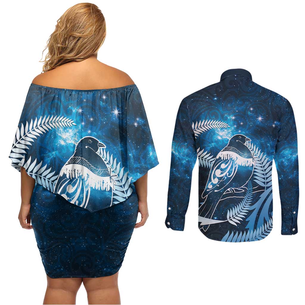 New Zealand Matariki Couples Matching Off Shoulder Short Dress and Long Sleeve Button Shirt Pigeon Kereru Maori Fern Art LT05 - Polynesian Pride