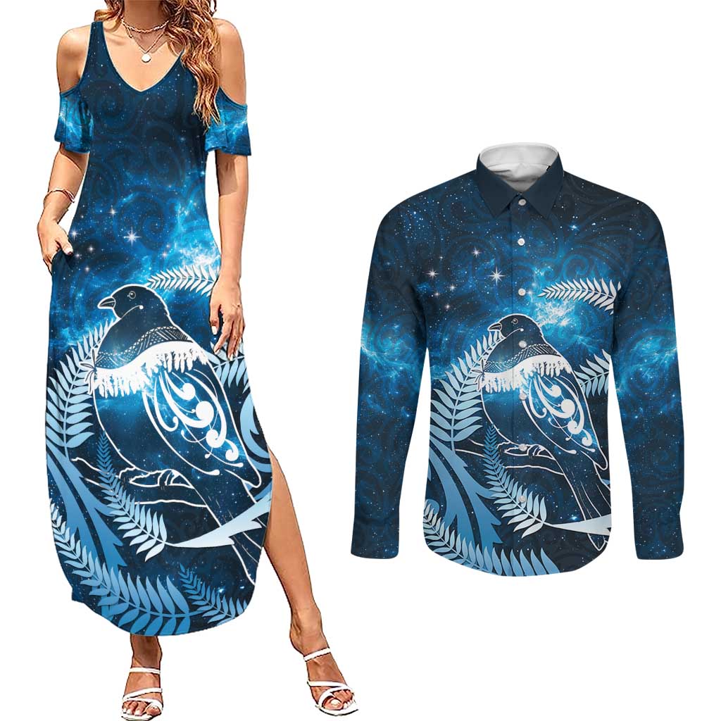 New Zealand Matariki Couples Matching Summer Maxi Dress and Long Sleeve Button Shirt Pigeon Kereru Maori Fern Art LT05 Blue - Polynesian Pride