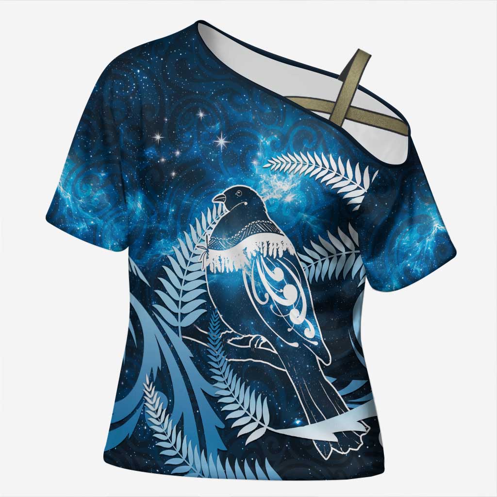 New Zealand Matariki Cross Shoulder Shirt Pigeon Kereru Maori Fern Art LT05 Female Blue - Polynesian Pride