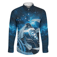 New Zealand Matariki Family Matching Off The Shoulder Long Sleeve Dress and Hawaiian Shirt Pigeon Kereru Maori Fern Art LT05 Dad's Shirt - Long Sleeve Blue - Polynesian Pride