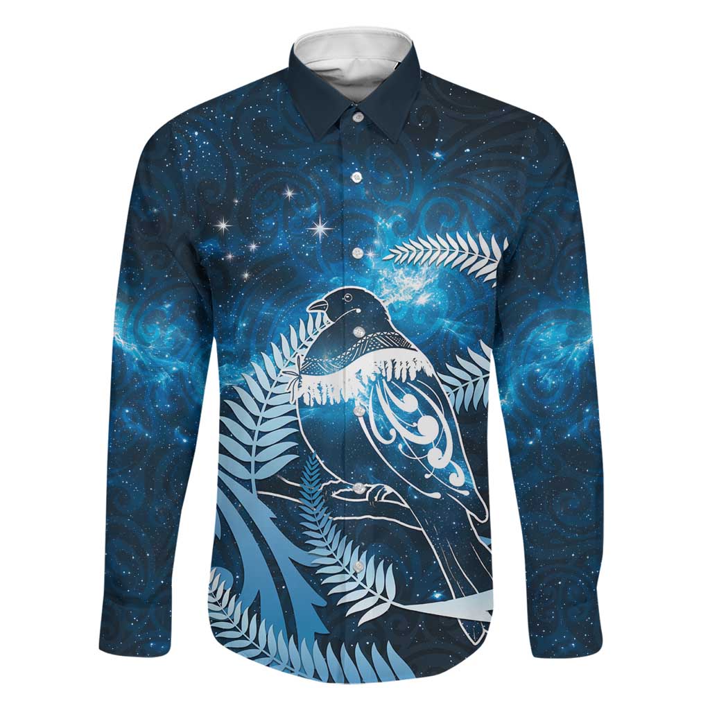 New Zealand Matariki Family Matching Puletasi and Hawaiian Shirt Pigeon Kereru Maori Fern Art LT05 Dad's Shirt - Long Sleeve Blue - Polynesian Pride