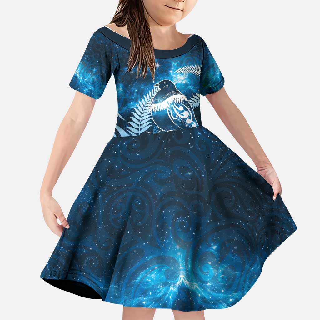 New Zealand Matariki Family Matching Short Sleeve Bodycon Dress and Hawaiian Shirt Pigeon Kereru Maori Fern Art LT05 Daughter's Dress Blue - Polynesian Pride