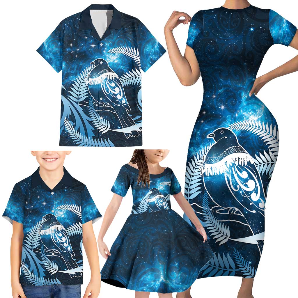New Zealand Matariki Family Matching Short Sleeve Bodycon Dress and Hawaiian Shirt Pigeon Kereru Maori Fern Art