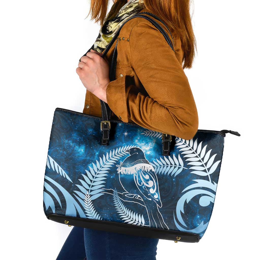 New Zealand Matariki Leather Tote Bag Pigeon Kereru Maori Fern Art LT05 Blue - Polynesian Pride