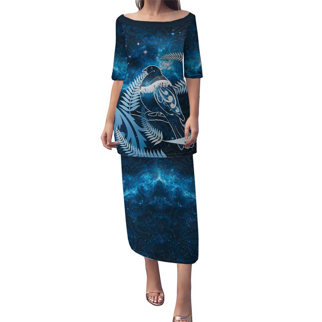New Zealand Matariki Puletasi Pigeon Kereru Maori Fern Art LT05 Long Dress Blue - Polynesian Pride