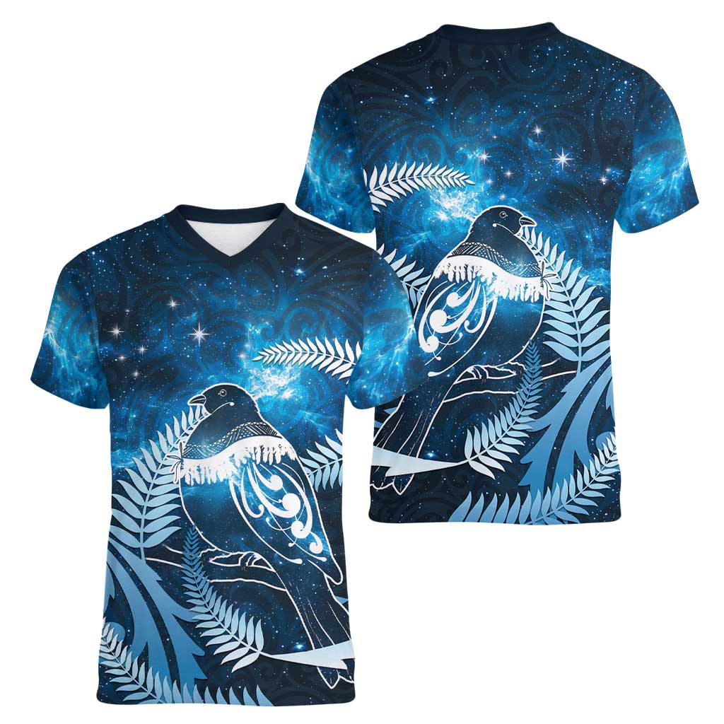 New Zealand Matariki Women V-Neck T-Shirt Pigeon Kereru Maori Fern Art LT05 - Polynesian Pride