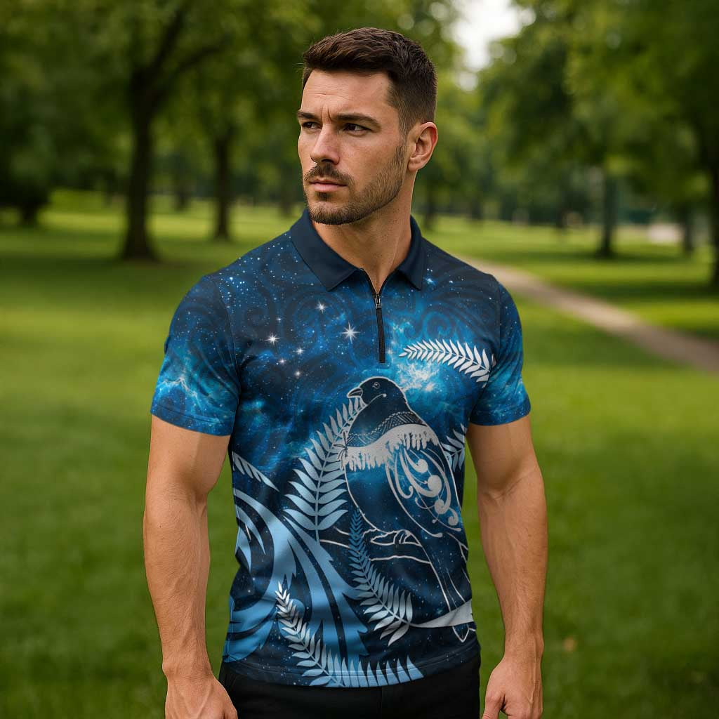 New Zealand Matariki Zipper Polo Shirt Pigeon Kereru Maori Fern Art LT05 - Polynesian Pride