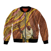 Hawaii King Kamehameha Bomber Jacket Hawaiian Kakau Pattern With Leis
