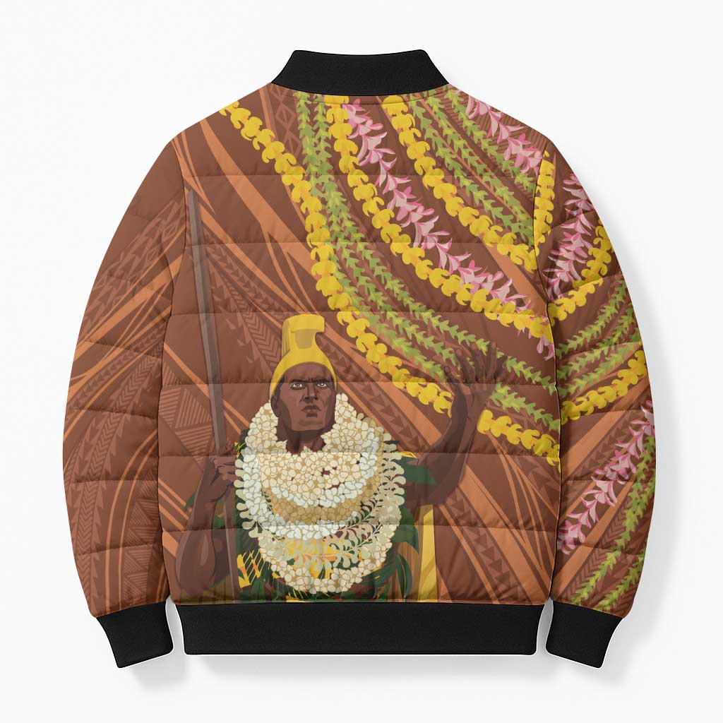 Hawaii King Kamehameha Bomber Puffer Jacket Hawaiian Kakau Pattern With Leis