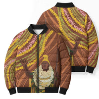 Hawaii King Kamehameha Bomber Puffer Jacket Hawaiian Kakau Pattern With Leis