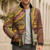 Hawaii King Kamehameha Bomber Puffer Jacket Hawaiian Kakau Pattern With Leis