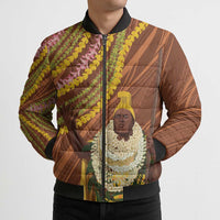 Hawaii King Kamehameha Bomber Puffer Jacket Hawaiian Kakau Pattern With Leis